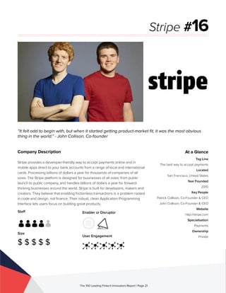 Staff
Size
$ $ $ $ $
Enabler or Disruptor
User Engagement
The 100 Leading Fintech Innovators Report | Page 21
Company Description
Stripe provides a developer-friendly way to accept payments online and in
mobile apps direct to your bank accounts from a range of local and international
cards. Processing billions of dollars a year for thousands of companies of all
sizes. The Stripe platform is designed for businesses of all sizes: from public
launch to public company, and handles billions of dollars a year for forward-
thinking businesses around the world. Stripe is built for developers, makers and
creators. They believe that enabling frictionless transactions is a problem rooted
in code and design, not finance. Their robust, clean Application Programming
Interface lets users focus on building great products.
“It felt odd to begin with, but when it started getting product-market fit, it was the most obvious
thing in the world.” - John Collison, Co-founder
Stripe #16
At a Glance
Tag Line
The best way to accept payments
Located
San Francisco, United States
Year Founded
2010
Key People
Patrick Collison, Co-Founder & CEO
John Collison, Co-Founder & CEO
Website
http://stripe.com
Specialisation
Payments
Ownership
Private
 
