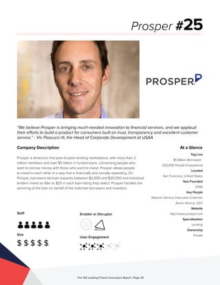 Staff
Size
$ $ $ $ $
Enabler or Disruptor
User Engagement
The 100 Leading Fintech Innovators Report | Page 30
Company Description
Prosper is America’s first peer-to-peer lending marketplace, with more than 2
million members and over $5 billion in funded loans, connecting people who
want to borrow money with those who want to invest. Prosper allows people
to invest in each other in a way that is financially and socially rewarding. On
Prosper, borrowers list loan requests between $2,000 and $35,000 and individual
lenders invest as little as $25 in each loan listing they select. Prosper handles the
servicing of the loan on behalf of the matched borrowers and investors.
“We believe Prosper is bringing much-needed innovation to financial services, and we applaud
their efforts to build a product for consumers built on trust, transparency and excellent customer
service.” - Vic Pascucci III, the Head of Corporate Development at USAA
Prosper #25
At a Glance
Tag Line
$5 Billion Borrowed -
250,000 People Empowered
Located
San Francisco, United States
Year Founded
2006
Key People
Stephan Vermut, Executive Chairman
Aaron Vermut, CEO
Website
http://www.prosper.com
Specialisation
Lending
Ownership
Private
 