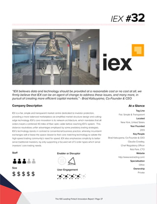 Staff
Size
$ $ $ $ $
Enabler or Disruptor
User Engagement
The 100 Leading Fintech Innovators Report | Page 37
Company Description
IEX is a fair, simple and transparent market centre dedicated to investor protection,
providing a more balanced marketplace via simplified market structure design and cutting-
edge technology. IEX’s core innovation is its network architecture, which mandates that all
orders travel a combined 43 miles of fiber optic cable before reaching IEX’s system. This
distance neutralizes unfair advantages employed by some predatory trading strategies.
IEX’s technology stands in contrast to conventional business practice, whereby incumbent
exchanges sell or lease the space closest to their core matching technology to satiate the
high-speed trading community’s need for speed. IEX also emphasizes simplicity to better
serve traditional investors, by only supporting a focused set of 5 order types which serve
investors’ core trading needs.
“IEX believes data and technology should be provided at a reasonable cost or no cost at all, we
firmly believe that IEX can be an agent of change to address these issues, and many more, in
pursuit of creating more efficient capital markets.” - Brad Katsuyama, Co-Founder & CEO
IEX #32
At a Glance
Tag Line
Fair, Simple & Transparent
Located
New York, United States
Year Founded
2013
Key People
Brad Katsuyama, Co-Founder & CEO
Claudia Crowley,
Chief Regulatory Officer
Rob Park, CTO
Website
http://www.iextrading.com/
Specialisation
Other
Ownership
Private
 