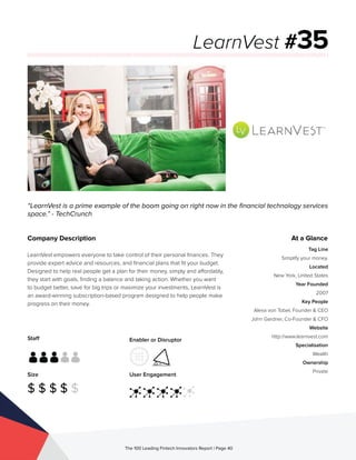 Staff
Size
$ $ $ $ $
Enabler or Disruptor
User Engagement
The 100 Leading Fintech Innovators Report | Page 40
Company Description
LearnVest empowers everyone to take control of their personal finances. They
provide expert advice and resources, and financial plans that fit your budget.
Designed to help real people get a plan for their money, simply and affordably,
they start with goals, finding a balance and taking action. Whether you want
to budget better, save for big trips or maximize your investments, LearnVest is
an award-winning subscription-based program designed to help people make
progress on their money.
“LearnVest is a prime example of the boom going on right now in the financial technology services
space.” - TechCrunch
LearnVest #35
At a Glance
Tag Line
Simplify your money.
Located
New York, United States
Year Founded
2007
Key People
Alexa von Tobel, Founder & CEO
John Gardner, Co-Founder & CFO
Website
http://www.learnvest.com
Specialisation
Wealth
Ownership
Private
 