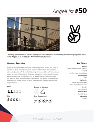 Staff
Size
$ $ $ $ $
Enabler or Disruptor
User Engagement
The 100 Leading Fintech Innovators Report | Page 55
Company Description
AngelList is a platform for startups to raise money online, recruit and apply to
incubators. They connect startups to angel investors whom they would not
otherwise be able to find, and facilitate angel investment through features such
as the formation of syndicates. AngelList startups connect to angel investors
by creating a profile for their business on AngelList which will then show in
the feeds of angel investors. Angel investors are also able to form syndicates,
whereby they pledge money to mirror the investment backing of prominent
angel investors.
“Helping entrepreneurs turned angels use their expertise to fund new, world-changing startups is
what AngelList is all about.” - Naval Ravikant, Founder
AngelList #50
At a Glance
Tag Line
Where the world meets startups
Located
San Francisco, United States
Year Founded
2010
Key People
Babak Nivi, Co-Founder
Naval Ravikant, Co-Founder
Website
http://angel.co
Specialisation
Crowd funding
Ownership
Private
 