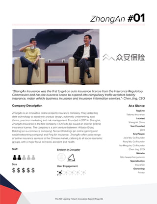 Staff
Size
$ $ $ $ $
Enabler or Disruptor
User Engagement
The 100 Leading Fintech Innovators Report | Page 06
Company Description
ZhongAn is an innovative online property insurance company. They utilize big
data technology to assist with product design, automatic underwriting, auto
claims, precision marketing and risk management. Founded in 2013 in Shanghai,
ZhongAn Insurance is the first company in China to be issued an internet (online)
insurance license. The company is a joint venture between: Alibaba Group
Holding (an e–commerce company), Tencent Holdings (an online gaming and
social networking company) and Ping An Insurance. ZhongAn offers wide range
of online insurance services to the Chinese market, catering to all socio economic
groups, with a major focus on travel, accident and health.
“ZhongAn Insurance was the first to get an auto insurance license from the Insurance Regulatory
Commission and has the business scope to expand into compulsory traffic accident liability
insurance, motor vehicle business insurance and insurance information services.”- Chen Jing, CEO
ZhongAn #01
At a Glance
Tag Line
Tailored Insurance
Located
Shanghai, China
Year Founded
2013
Key People
Jack Ma, Co-Founder
Pony Ma, Co-Founder
Ma Mingzhe, Co-Founder
Chen Jing, CEO
Website
http://www.zhongan.com
Specialisation
Insurance
Ownership
Private
 