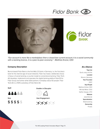Staff
Size
$ $ $ $ $
Enabler or Disruptor
User Engagement
The 100 Leading Fintech Innovators Report | Page 73
Company Description
Munich-based Fidor Bank is the first Web 2.0 bank in Germany, i.e. the first direct
bank for the internet age of social networks. Fidor has made a deliberate choice
in favour of social banking; a counter-model to conventional banking. Fidor TecS
AG develops, implements and operates the digital banking platform fidorOS for
Fidor Group and further white label partners. It employs about 50 people. Fidor
TecS AG is a 100% subsidiary of Fidor Bank AG.
“Our account is more like a marketplace than a closed box current account, it is a social community
with a banking licence, it is a peer-to-peer economy.” - Matthias Kroner, CEO
At a Glance
Tag Line
Quick, easy and fair
Located
Munich, Germany
Year Founded
2007
Key People
Matthias Kröner, CEO
Michael Maier, COO
Steffen Seeger, CFO
Website
www.fidor.de
Specialisation
Retail banking
Ownership
Private
Fidor Bank
 