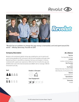 Staff
Size
$ $ $ $ $
Enabler or Disruptor
User Engagement
The 100 Leading Fintech Innovators Report | Page 93
Company Description
Revolut is the transparent global money app enabling the user to spend and
send money globally at 0% commission with the best available exchange rates.
Revolut launched in July 2015 to emphasize fairness and freedom in finance
combined with a great user experience. Within the first 3 months the app had
47,000 active users who had transacted over $100m with an average of $1.3m
transactions per day.
“Revolut has an ambition to change the way money is transacted, sent and spent around the
world.” - Nikolay Storonsky, Founder & CEO
At a Glance
Tag Line
The Global Money App
Located
London, United Kingdom
Year Founded
2014
Key People
Nikolay Storonsky, Founder & CEO
Vlad Yatsenko, Co-Founder & CTO
Website
www.revolut.com
Specialisation
Currency and Forex
Ownership
Private
Revolut
 
