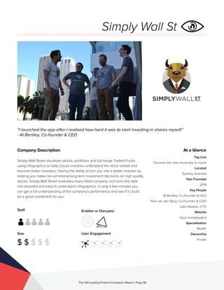 Staff
Size
$ $ $ $ $
Enabler or Disruptor
User Engagement
The 100 Leading Fintech Innovators Report | Page 96
Company Description
Simply Wall Street visualizes stocks, portfolios and Exchange Traded Funds
using infographics to help casual investors understand the stock market and
become better investors. Having the ability to turn you into a better investor by
helping you make non-emotional long term investment decisions on high quality
stocks. Simply Wall Street evaluates every listed company and turns the data
into beautiful and easy to understand infographics. In only a few minutes you
can get a full understanding of the company’s performance and see if it could
be a good investment for you.
“I launched the app after I realised how hard it was to start investing in shares myself.”
- Al Bentley, Co-founder & CEO
At a Glance
Tag Line
Discover the new visual way to invest
Located
Sydney, Australia
Year Founded
2014
Key People
Al Bentley, Co-Founder & CEO
Nick van den Berg, Co-Founder & COO
Jabin Bastian, CTO
Website
https://simplywall.st
Specialisation
Wealth
Ownership
Private
Simply Wall St
 