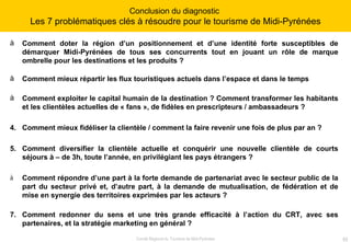 Comment doter la région d’un positionnement et d’une identité forte susceptibles de démarquer Midi-Pyrénées de tous ses concurrents tout en jouant un rôle de marque ombrelle pour les destinations et les produits ? Comment mieux répartir les flux touristiques actuels dans l’espace et dans le temps  Comment exploiter le capital humain de la destination ? Comment transformer les habitants et les clientèles actuelles de « fans », de fidèles en prescripteurs / ambassadeurs ? 4. Comment mieux fidéliser la clientèle / comment la faire revenir une fois de plus par an ? 5. Comment diversifier la clientèle actuelle et conquérir une nouvelle clientèle de courts séjours à – de 3h, toute l’année, en privilégiant les pays étrangers ? Comment répondre d’une part à la forte demande de partenariat avec le secteur public de la part du secteur privé et, d’autre part, à la demande de mutualisation, de fédération et de mise en synergie des territoires exprimées par les acteurs ? 7. Comment redonner du sens et une très grande efficacité à l’action du CRT, avec ses partenaires, et la stratégie marketing en général ? Conclusion du diagnostic  Les 7 problématiques clés à résoudre pour le tourisme de Midi-Pyrénées 