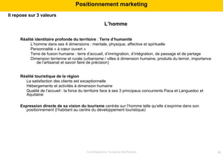 Il repose sur 3 valeurs L’homme Réalité identitaire profonde du territoire  :  Terre d’humanité   L’homme dans ses 4 dimensions : mentale, physique, affective et spirituelle  Personnalité « à cœur ouvert »  Terre de fusion humaine : terre d’accueil, d’immigration, d’intégration, de passage et de partage Dimension terrienne et rurale (urbanisme / villes à dimension humaine, produits du terroir, importance de l’artisanat et savoir faire de précision) Réalité touristique de la région  La satisfaction des clients est exceptionnelle Hébergements et activités à dimension humaine Qualité de l’accueil : la force du territoire face à ses 3 principaux concurrents Paca et Languedoc et Aquitaine  Expression directe de sa vision du tourisme  centrée sur l’homme telle qu’elle s’exprime dans son positionnement (l’habitant au centre du développement touristique) Positionnement marketing 