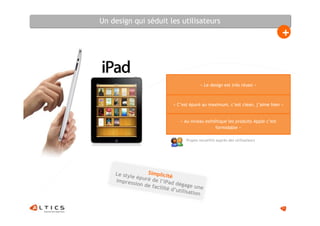 Un design qui séduit les utilisateurs
                                                                                  +


                                           « Le design est très réussi »



                             « C’est épuré au maximum, c’est clean, j’aime bien »


                                « Au niveau esthétique les produits Apple c’est
                                                 formidable »

                                   Propos recueillis auprès des utilisateurs




    Le style     Simp
             épuré d licité
    impres          e l’iPad
           sion de            dégage
                   facilité             une
                            d’utilis
                                     ation

                                                                                  11
 