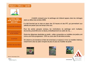 Maison / Déco / Jardin




  La maison, déco,
                                          L'intérêt croissant pour le jardinage est d'abord apparu dans les ménages
jardin, un marché en           aisés au début des années 2000.
     plein essor
                               Il a été favorisé par la mise en place des 35 heures et des RTT, qui permettent aux
                               salariés de passer plus de temps chez eux.
La nouvelle tendance:
                               Pour les autres groupes sociaux, les motivations du jardinage sont multiples:
                               économie, proximité avec la nature, embellissement du cadre de vie, …
Les consommateurs
   et les médias
                               Outre les dépenses destinées au jardin , celles consacrées au mobiliers de jardins ont
                               connu une forte progression : 25% au cours des 10 dernières années.
        La presse
                               On observe une tendance à faire de la terrasse un espace à vivre. Le mobilier intérieur,
                               notamment celui du salon s'inspire de plus en plus du mobilier de jardin.
La force de nos titres




(Source: Francoscopie, 2010)
 