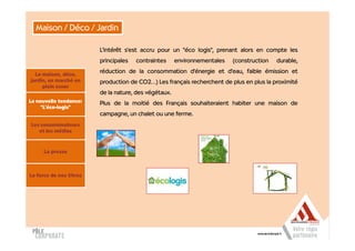 Maison / Déco / Jardin

                         L'intérêt s'est accru pour un "éco logis", prenant alors en compte les
                         principales   contraintes     environnementales   (construction   durable,

  La maison, déco,
                         réduction de la consommation d'énergie et d'eau, faible émission et
jardin, un marché en     production de CO2…) Les français recherchent de plus en plus la proximité
     plein essor
                         de la nature, des végétaux.
La nouvelle tendance:    Plus de la moitié des Français souhaiteraient habiter une maison de
     "L'éco-logis"
                         campagne, un chalet ou une ferme.
Les consommateurs
   et les médias



      La presse



La force de nos titres
 