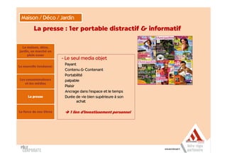 Maison / Déco / Jardin

         La presse : 1er portable distractif & informatif

  La maison, déco,
jardin, un marché en
     plein essor
                         - Le seul media objet
                          Payant
La nouvelle tendance:
                          Contenu & Contenant
                          Portabilité
Les consommateurs         palpable
   et les médias
                          Plaisir
                          Ancrage dans l’espace et le temps
      La presse           Durée de vie bien supérieure à son
                                  achat

La force de nos titres      1 lien d’investissement personnel
 