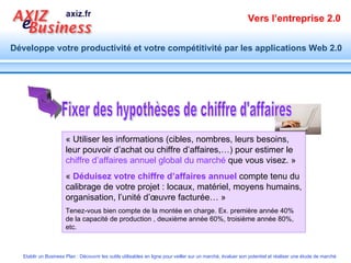 Fixer des hypothèses de chiffre d'affaires « Utiliser les informations (cibles, nombres, leurs besoins, leur pouvoir d’achat ou chiffre d’affaires,…) pour estimer le  chiffre d’affaires annuel global du marché  que vous visez. » «  Déduisez votre chiffre d’affaires annuel  compte tenu du calibrage de votre projet : locaux, matériel, moyens humains, organisation, l’unité d’œuvre facturée… » Tenez-vous bien compte de la montée en charge. Ex. première année 40% de la capacité de production , deuxième année 60%, troisième année 80%, etc. 