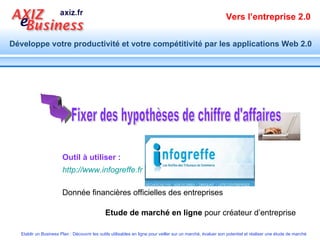 Outil à utiliser : Fixer des hypothèses de chiffre d'affaires Etude de marché en ligne  pour créateur d’entreprise http://www.infogreffe.fr Donnée financières officielles des entreprises  