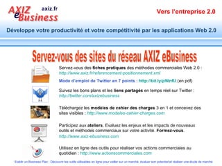 Servez-vous des sites du réseau AXIZ eBusiness Servez-vous des  fiches pratiques  des méthodes commerciales Web 2.0 :  http://www.axiz.fr/referencement-positionnement.xml Mode d’emploi de Twitter en 7 points :  http://bit.ly/pWnfU  (en pdf) Suivez les bons plans et les  liens partagés  en temps réel sur Twitter :  http://twitter.com/axizebusiness Téléchargez les  modèles de cahier des charges  3 en 1 et concevez des sites visibles :  http://www.modeles-cahier-charges.com Participez aux  ateliers . Evaluez les enjeux et les impacts de nouveaux outils et méthodes commerciaux sur votre activité.  Formez-vous .  http://www.axiz-ebusiness.com   Utilisez en ligne des outils pour réaliser vos actions commerciales au quotidien :  http://www.actionscommerciales.com   