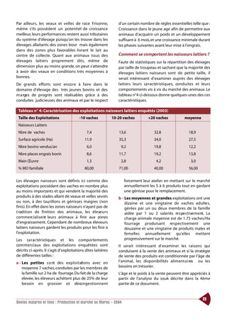 Par ailleurs, les veaux et velles de race Frisonne,              d’un certain nombre de règles essentielles telle que :
même s’ils possèdent un potentiel de croissance                  Croissance dans le jeune age afin de permettre aux
meilleur, leurs performances restent aussi tributaires           animaux d’acquérir un poids et un développement
du système d’élevage puisqu’on les trouve dans les               suffisant à 6 mois, et une croissance minimale durant
élevages allaitants des zones bour mais également                les phases suivantes avant leur mise à l’engrais.
dans des zones plus favorables livrant le lait au
centre de collecte. Quant aux animaux issus des                  Comment se comportent les naisseurs laitiers ?
élevages laitiers proprement dits, même de                       Faute de statistiques sur la répartition des élevages
dimension plus au moins grande, on peut s’attendre               par taille de troupeau et sachant que la majorité des
à avoir des veaux en conditions très moyennes à                  élevages laitiers naisseurs sont de petite taille, il
bonnes.                                                          serait intéressant d’examiner auprès des élevages
De grands efforts sont enco re à faire dans le                   laitiers leurs ca ractéristiques, co n d u i tes et leurs
domaine d’élevage des très jeunes bovins et des                  comportements vis à vis du marché des animaux. Le
m a rges de progrès sont réalisables grâce à des                 tableau n°4 ci-dessous donne quelques-unes des ces
conduites judicieuses des animaux et par le respect              caractéristiques.

 Tableau n° 4: Caractérisation des exploitations naisseurs laitiers enquêtés (2003)
 Taille des Exploitations               -10 vaches            10-20 vaches         +20 vaches             moyenne
 Naisseurs Laitiers
 Nbre de vaches                              7,4                 13,6                  32,8                 18,9
 Surface agricole (Ha)                      11,9                 35,3                  34,0                 27,5
 Nbre bovins vendus/an                       6,0                  9,2                  19,8                 12,2
 Nbre places engrais bovin                   8,6                 11,7                  19,2                 13,8
 Main Œuvre                                  1,3                  2,8                   4,2                  3,0
 % MO familiale                             80,00                71,00                 40,00                56,00

Les élevages naisseurs sont définis ici comme des                   forcement leur atelier en mettant sur le marché
exploitations possédant des vaches en nombre plus                   annuellement les 5 à 6 produits tout en gardant
au moins importants et qui vendent la majorité des                  une génisse pour le remplacement.
produits à des stades allant de veaux et velles sevrés           b - Les moyennes et grandes exploitations ont une
ou non, à des taurillons et génisses maigres (non                    dizaine et une vingtaine de vaches adulte s,
finis). En effet dans les zones naisseurs n’ayant pas de             gérées par un ou deux membres de la famille
t radition de finition des animaux, les éleve u r s                  aidée par 1 ou 2 salariés re s pe ct i ve m e nt . La
co m m e rc i a l i s e nt leurs animaux à finir aux zones           charge animale moyenne est de 1.75 vaches/Ha
d’engraissement. Cependant de nombreux éleveurs                      fourrage produisant re s pectivement une
laitiers naisseurs gardent les produits pour les finir à             douzaine et une vingtaine de produits males et
l’exploitation.                                                      femelles annuellement qu’elles mettent
Les ca ractéristiques et les comportements                           progressivement sur le marché.
co m m e rciaux des exploitations enquêtées sont                 Il serait intéressant d’examiner les raisons qui
décrits ci-après. Il s’agit d’exploitations dites laitières      conduisent à la vente des animaux et si la stratégie
de différentes tailles :                                         de vente des produits est conditionnée par l’âge de
a - Les petites s o nt des ex p l o i t ations avec en           l’animal, les disponibilités aliment a i res ou les
    moyenne 7 vaches, conduites par les membres de               besoins en trésorier.
    la famille sur 2 ha de fourrage.Du fait de la charge         L’âge et le poids à la vente peuvent être appréciés à
    élevée, les éleveurs achètent plus de 25% de leur            partir de l’analyse du souk décrite dans la 4ème
    besoin en grossier et déco n g e s t i o n n e nt            partie de ce document.


                                                                                                                     23
Bovins maigres et finis : Production et marché au Maroc - 2004
 
