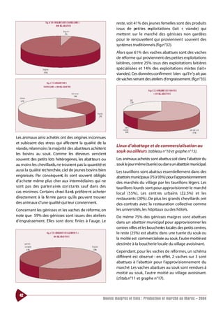 reste, soit 41% des jeunes femelles sont des produits
                                                              issus de pe t i tes exploitations (lait + viande) qui
                                                              mettent sur le marché des génisses non gardées
                                                              pour le renouvellent qui proviennent souvent des
                                                              systèmes traditionnels.(fig.n°32).
                                                              Alors que 61% des vaches abattues sont des vaches
                                                              de réforme qui proviennent des petites exploitations
                                                              laitières, contre 25% issus des exploitations laitières
                                                              spécialisées et 14% des exploitations mixtes (lait+
                                                              viandes). Ces données confirment bien qu’il n’y ait pas
                                                              de vaches venant des ateliers d’engraissement.(fig.n°33).




Les animaux ainsi achetés ont des origines inconnues
et subissent des stress qui affe ctent la qualité de la
                                                              Lieux d’abattage et de commercialisation au
viande, néanmoins la majorité des abat teurs achète nt
                                                              souk ou ailleurs (tableau n°10 et graphe n°15).
les bovins au souk. Comme les éleveurs ve n d e nt
souvent des petits lots hétérogènes, les abat teurs ou        Les animaux achetés sont abattus soit dans l’abattoir du
au moins les chevillards, ne trouvent pas la quantité et      souk le jour même (tuerie) ou dans un abattoir municipal.
aussi la qualité recherchée, càd de jeunes bovins bien        Les taurillons sont abattus essentiellement dans des
engraissés. Par conséquent, ils sont souvent obligés          abattoirs municipaux (75 à 93%) pour l’approvisionnement
d’ a c h e ter même plus cher aux intermédiaires qui ne       des marchés du village par les taurillons légers. Les
sont pas des parte n a i res co n s t a nts sauf dans des     taurillons lourds sont pour approvisionner le marché
cas minimes. Certains chev i l l a rd préfère nt achete r
                                      s                       local (55%), Les cent res urbains (22.5%) et les
directement à la fe rme parce qu’ils pe u vent trouver        restaurants (20%). De plus les grands chevillards ont
des animaux d’une qualité qui leur conviennent.               des contrats avec la restauration collective comme
Concernant les génisses et les vaches de réforme, on          les universités, les hôpitaux ou des hôtels.
note que 59% des génisses sont issues des ateliers            De même 75% des génisses maigres sont abattues
d’engraissement. Elles sont donc finies à l’auge. Le          dans un abattoir municipal pour approvisionner les
                                                              centres villes et les boucheries locales des petits centres,
                                                              le reste (25%) est abattu dans une tuerie du souk ou
                                                              la moitié est commercialisée au souk, l’autre moitié est
                                                              destinée à la boucherie locale du village avoisinant.
                                                              Cependant, pour les vaches de réformes, un schéma
                                                              différent est observé : en effet, 2 vaches sur 3 sont
                                                              abattues à l’abattoir pour l’approvisionnement du
                                                              marché. Les vaches abattues au souk sont vendues à
                                                              moitié au souk, l’autre moitié au village avoisinant.
                                                              (cf.tab.n°11 et graphe n°17).



  42
                                                      Bovins maigres et finis : Production et marché au Maroc - 2004
 