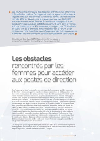 On a beaucoup écrit sur les obstacles rencontrés par les femmes pour accéder aux postes
de direction – dans des magazines populaires et dans les colonnes de médias sociaux et
financiers, ainsi que dans des articles scientifiques et des thèses de doctorat dans le monde
entier. Parmi les questions communes, on peut notamment citer les éternels stéréotypes
sexistes selon lesquels les hommes et les femmes sont censés jouer des rôles sociaux et
économiques différents. Les responsabilités familiales et la culture d’entreprise s’adressant
en priorité aux hommes sont deux autres sources de préoccupation. Celles-ci sont largement
influencées par des règles culturelles, religieuses et sociales qui datent de plusieurs siècles
mais qui restent profondément enracinées dans toutes les régions, même si le monde du
travail et la société ont changé en profondeur. Traditionnellement, certaines professions
ont été de ce fait considérées plus adaptées aux hommes ou aux femmes. De tout temps,
l’encadrement, la direction d’une entreprise et la prise de décisions sur la scène publique
étaient considérés comme les domaines des hommes. Ces règles ont également servi de
base aux programmes éducatifs et aux politiques de recrutement et de promotion pendant
de nombreuses dizaines d’années. Même si ces règles sont maintenant examinées en vue
d’éliminer la discrimination fondée sur le sexe, elles restent ancrées au plus profond d’un
très grand nombre d’hommes et de femmes.
Les entreprises qui ont répondu à l’enquête menée par le BIT dans l’ensemble des régions en
développement ont classé par ordre de priorité ce qu’elles considéraient comme les obstacles
les plus importants, comme le montre le tableau 3 ci-après.
Les obstacles
rencontrés par les
femmes pour accéder
aux postes de direction
Les neuf années de mesure des disparités entre hommes et femmes
à l’échelle du monde ne font apparaître qu’une légère amélioration de
l’égalité en faveur des femmes sur le lieu de travail. Selon le Rapport
mondial 2014 sur l’écart entre les genres, paru ce jour, l’inégalité
entre les hommes et les femmes en matière de participation et de
perspectives économiques s’établit aujourd’hui à 60 % dans le monde,
soit une amélioration de 4 % seulement par rapport aux 56 % relevés
en 2006, lors de la première mesure réalisée par le Forum. Si l’on
continue sur cette trajectoire, sans changement des autres paramètres,
il faudra 81 ans au monde pour combler complètement cette brèche.
Global Gender Gap Report 2014 (Rapport mondial sur les écarts
entre les hommes et les femmes), Forum économique mondial
Femmes d’affaires et femmes cadres  une montée en puissance I 15
 