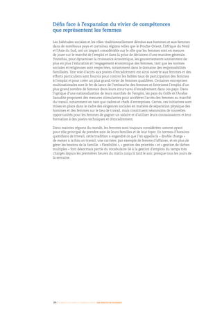 24 I Femmes d’affaires et femmes cadres  une montée en puissance
Défis face à l’expansion du vivier de compétences
que représentent les femmes
Les habitudes sociales et les rôles traditionnellement dévolus aux hommes et aux femmes
dans de nombreux pays et certaines régions telles que le Proche-Orient, l’Afrique du Nord
et l’Asie du Sud, ont un impact considérable sur le rôle que les femmes sont en mesure
de jouer sur le marché de l’emploi et dans la prise de décisions d’une manière générale.
Toutefois, pour dynamiser la croissance économique, les gouvernements soutiennent de
plus en plus l’éducation et l’engagement économique des femmes, tant que les normes
sociales et religieuses sont respectées, notamment dans le domaine des responsabilités
familiales. Une voie d’accès aux postes d’encadrement est ainsi ouverte aux femmes et des
efforts particuliers sont fournis pour contrer les faibles taux de participation des femmes
à l’emploi et pour créer un plus grand vivier de femmes qualifiées. Certaines entreprises
multinationales sont le fer de lance de l’embauche des femmes et favorisent l’emploi d’un
plus grand nombre de femmes dans leurs structures d’encadrement dans ces pays. Dans
l’optique d’une nationalisation de leurs marchés de l’emploi, les pays du Golfe et l’Arabie
Saoudite proposent des mesures stimulantes pour accélérer l’accès des femmes au marché
du travail, notamment en tant que cadres et chefs d’entreprises. Certes, ces initiatives sont
mises en place dans le cadre des exigences sociales en matière de séparation physique des
hommes et des femmes sur le lieu de travail, mais constituent néanmoins de nouvelles
opportunités pour les femmes de gagner un salaire et d’utiliser leurs connaissances et leur
formation à des postes techniques et d’encadrement.
Dans maintes régions du monde, les femmes sont toujours considérées comme ayant
pour rôle principal de prendre soin de leurs familles et de leur foyer. En termes d’horaires
quotidiens de travail, cette tradition a engendré ce que l’on appelle la « double charge »
de mener à la fois un travail, une carrière, par exemple de femme d’affaires, et en plus de
gérer les besoins de la famille. « Flexibilité », « gestion des priorités » et « gestion de tâches
multiples » font désormais partie du vocabulaire lié à la gestion d’emplois du temps très
chargés depuis les premières heures du matin jusqu’à tard le soir, presque tous les jours de
la semaine.
 