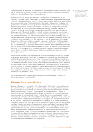 Femmes d’affaires et femmes cadres  une montée en puissance I 29
Un grand nombre de ressources, de connaissances et de bonnes pratiques d’entreprise, ainsi
que de nombreuses structures et réseaux d’entreprises sont déjà en place pour promouvoir
les femmes dans les affaires et aux postes de direction.
Nombreuses sont les études27
qui examinent s’il est possible pour les femmes de tout
concilier - carrière et famille - et comment. Et si les hommes aussi peuvent tout concilier. La
recherche étudie les différences entre les attitudes des hommes et des femmes, ainsi que leur
comportement face à leur évolution de carrière. Elle soulève des questions sur les aspects
psychosociaux et se demande dans quelle mesure les femmes elles-mêmes sont réticentes
à accepter des postes de direction ou cherchent à les obtenir, et pour quelles raisons. On
analyse souvent les raisons qui font que les femmes semblent davantage manquer de
confiance en elles, le sentiment de n’être pas prêtes ni qualifiées pour une promotion, le
découragement, l’absence de modèles à suivre, le sentiment de ne pas être acceptées par
leurs pairs, supérieurs hiérarchiques, etc. D’autre part, les études montrent également que
des femmes confiantes et bien préparées ne sont pas reconnues, ne se voient pas offrir les
mêmes opportunités et qu’elles doivent travailler plus dur que les hommes pour obtenir une
promotion, même quand elles sont plus qualifiées. Il existe de nombreuses études de cas
décrivant les différentes stratégies auxquelles ont recouru des femmes d’affaires ou à des
postes de direction ayant une famille pour « arriver ». Il est capital de ne pas perdre de vue
que toutes les femmes ne réagissent pas de la même manière et qu’elles ne vivent pas toutes
dans les mêmes circonstances, tout comme c’est le cas pour les hommes. En outre, au cours
d’une vie, les circonstances et les compétences peuvent également varier. En généralisant
sur les rôles et les attributs des hommes et des femmes, on débouche facilement sur des
stéréotypes sexistes.
Pour éradiquer les stéréotypes sexistes ancrés et institutionnalisés de longue date dans les
structures et la culture des entreprises, les organisations et associations professionnelles
sont l’un des principaux domaines dont il faut s’occuper si l’on entend donner les mêmes
chances aux femmes qu’aux hommes d’occuper les postes hiérarchiquement les plus élevés.
Les femmes elles-mêmes doivent souvent lutter pour dépasser l’éducation qu’elles ont reçue
qui définit les activités, le comportement et les postes qui conviennent pour les femmes ou
pour les hommes. De nombreux organismes et associations de femmes d’affaires fournissent
des services, de la formation et de l’aide pour permettre aux femmes d’acquérir la confiance
et les compétences nécessaires et pour les encourager à saisir les opportunités de carrière et
d’affaires qui se présentent à elles.
Les entreprises peuvent envisager un grand nombre de mesures visant à éliminer les
stéréotypes sexistes, parmi lesquelles :
Changer les « mentalités »
On peut influer sur les « mentalités » et les changer grâce à des ateliers de sensibilisation et
des formations basées sur l’idée que les femmes, comme les hommes, ne forment pas un
groupe homogène, que la diversité, incluant un équilibre hommes-femmes, peut renforcer
créativité et innovation, ainsi que l’harmonie dans les équipes de travail. En outre, la
diversité ne se limite pas à l’apparence physique et aux préférences. Il existe également le
concept évolutif de « diversité de la pensée » qui naît du recrutement d’employés et de la
nomination de cadres issus de milieux différents et ayant des expériences de vie variées. Un
nombre croissant d’entreprises considèrent que ce concept fournit des approches nouvelles
et plus efficaces à la résolution de problèmes et à l’innovation qu’un groupe homogène ne
proposerait peut-être pas. Étant donné que les femmes constituent la moitié de la population
mondiale, elles peuvent apporter beaucoup, mais comme le rôle dans lequel la société les
relègue est avant tout de se dévouer aux autres, la perception de leur potentiel et de leurs
capacités en tant que cadres dans le monde du travail s’en trouve limitée. Il s’ensuit que les
efforts pour investir dans des mesures permettant de mieux concilier les contraintes du
monde professionnel et de la vie familiale sont souvent négligés. Avant tout, cette vision de
la femme et de son rôle n’est pas valable pour toutes les femmes, puisque nombre d’entre
elles sont et restent célibataires. D’autres se marient ou ont un partenaire, mais n’ont pas
d’enfants. D’autres encore ont des enfants, mais peuvent prendre des dispositions pour que
leur réussite professionnelle ne soit pas compromise.
27	Par exemple, Sheryl Sandberg
“Lean In: Women, Work and
the Will to Lead”, Anne-Marie
Slaughter, “Why Women Still
Can’t Have It All”, Atlantic
Magazine de juillet/août 2012.
 