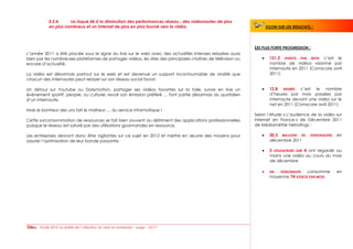 E.2.b     Le risque lié à la diminution des performances réseau : des vidéonautes de plus
            en plus nombreux et un Internet de plus en plus tourné vers la vidéo.                                 ZOOM SUR LES RESULTATS    :



                                                                                                             LES PLUS FORTE PROGRESSION :
L’année 2011 a été placée sous le signe du live sur le web avec des actualités intenses relayées aussi
bien par les nombreuses plateformes de partages vidéos, les sites des principales chaînes de télévision ou          131,2 VIDEOS PAR MOIS c’est le
encore d’actualité.                                                                                                 nombre de vidéos visionné par
                                                                                                                    internaute en 2011 (Comscore avril
La vidéo est désormais partout sur le web et est devenue un support incontournable de viralité que                  2011)
chacun des internautes peut relayer sur son réseau social favori.

Un détour sur Youtube ou Dailymotion, partager ses vidéos favorites sur la toile, suivre en live un                 12,8 HEURES c’est le nombre
évènement sportif, people, ou culturel, revoir son émission préféré … font partie désormais du quotidien            d’heures par mois passées par
d’un internaute.                                                                                                    internaute devant une vidéo sur le
                                                                                                                    net en 2011 (Comscore avril 2011)
Mais le bonheur des uns fait le malheur … du service informatique !
                                                                                                             Selon l’étude « L’audience de la vidéo sur
Cette surconsommation de ressources se fait bien souvent au détriment des applications professionnelles      Internet en France » de Décembre 2011
puisque le réseau est saturé par des utilisations gourmandes en ressource.                                   de Médiamétrie Netratings :

Les entreprises devront donc être vigilantes sur ce sujet en 2012 et mettre en œuvre des moyens pour                30,3 MILLIONS DE    VIDEONAUTES   en
assurer l’optimisation de leur bande passante.                                                                      décembre 2011

                                                                                                                    3 UTILISATEURS SUR 4 ont regardé au
                                                                                                                    moins une vidéo au cours du mois
                                                                                                                    de décembre

                                                                                                                    UN  VIDEONAUTE   consomme         en
                                                                                                                    moyenne 74 VIDEOS PAR MOIS




     - Etude 2012: la réalité de l’utilisation du web en entreprise – page : 16/17
 
