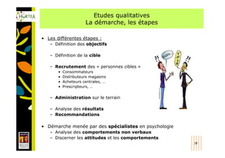 Etudes qualitatives
                      La démarche, les étapes

• Les différentes étapes :
   – Définition des objectifs

   – Définition de la cible

   – Recrutement des « personnes cibles »
       •   Consommateurs
       •   Distributeurs magasins
       •   Acheteurs centrales, …
       •   Prescripteurs, …

   – Administration sur le terrain

   – Analyse des résultats
   – Recommandations

• Démarche menée par des spécialistes en psychologie
   – Analyse des comportements non verbaux
   – Discerner les attitudes et les comportements
                                                       19
 