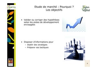 Etude de marché : Pourquoi ?
                    Les objectifs


• Valider ou corriger des hypothèses
  selon les pistes de développement
  envisagées




• Disposer d’informations pour
   – établir des stratégies
   – Préparer ses tactiques




                                           9
 
