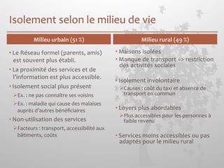 Isolement 
selon 
le 
milieu 
de 
vie 
• Le 
Milieu 
urbain 
(51 
%) 
Milieu 
rural 
(49 
%) 
Réseau 
formel 
(parents, 
amis) 
est 
souvent 
plus 
établi. 
• La 
proximité 
des 
services 
et 
de 
l’information 
est 
plus 
accessible. 
• Isolement 
social 
plus 
présent 
Ø Ex. 
: 
ne 
pas 
connaître 
ses 
voisins 
Ø Ex. 
: 
maladie 
qui 
cause 
des 
malaises 
auprès 
d’autres 
bénéficiaires 
• Non-­‐utilisation 
des 
services 
Ø Facteurs 
: 
transport, 
accessibilité 
aux 
bâtiments, 
coûts 
• Maisons 
isolées 
• Manque 
de 
transport 
=> 
restriction 
des 
activités 
sociales 
• Isolement 
involontaire 
Ø Causes 
: 
coût 
du 
taxi 
et 
absence 
de 
transport 
en 
commun 
• Loyers 
plus 
abordables 
Ø Plus 
accessibles 
pour 
les 
personnes 
à 
faible 
revenu 
• Services 
moins 
accessibles 
ou 
pas 
adaptés 
pour 
le 
milieu 
rural 
 