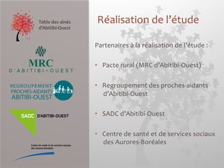 Table 
des 
aînés 
Réalisation 
de 
l’étude 
d’Abitibi-­‐Ouest 
Partenaires 
à 
la 
réalisation 
de 
l’étude 
: 
• Pacte 
rural 
(MRC 
d’Abitibi-­‐Ouest) 
• Regroupement 
des 
proches-­‐aidants 
d’Abitibi-­‐Ouest 
• SADC 
d’Abitibi-­‐Ouest 
• Centre 
de 
santé 
et 
de 
services 
sociaux 
des 
Aurores-­‐Boréales 
 
