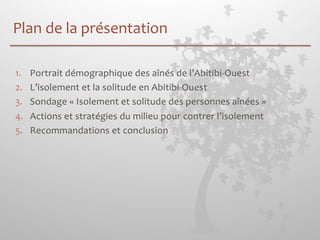 Plan 
de 
la 
présentation 
1. Portrait 
démographique 
des 
aînés 
de 
l’Abitibi-­‐Ouest 
2. L’isolement 
et 
la 
solitude 
en 
Abitibi-­‐Ouest 
3. Sondage 
« 
Isolement 
et 
solitude 
des 
personnes 
aînées 
» 
4. Actions 
et 
stratégies 
du 
milieu 
pour 
contrer 
l’isolement 
5. Recommandations 
et 
conclusion 
 