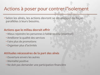 Actions 
à 
poser 
pour 
contrer 
l’isolement 
• Selon 
les 
aînés, 
les 
actions 
devront 
se 
développer 
de 
façon 
parallèles 
à 
leurs 
besoins. 
Actions 
que 
le 
milieu 
devrait 
offrir 
• Mieux 
rejoindre 
les 
personnes 
à 
faible 
revenu 
(essentiel) 
• Améliorer 
la 
qualité 
des 
services 
• Faire 
plus 
de 
promotions 
• Organiser 
plus 
d’activités 
Attitudes 
nécessaires 
de 
la 
part 
des 
aînés 
• Ouverture 
envers 
les 
autres 
• Mentalité 
positive 
• Ne 
doit 
pas 
demander 
une 
participation 
financière 
 