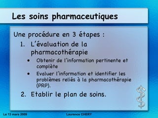 Les soins pharmaceutiques Une procédure en 3 étapes : L’évaluation de la pharmacothérapie Obtenir de l’information pertinente et complète Evaluer l’information et identifier les problèmes reliés à la pharmacothérapie (PRP). Etablir le plan de soins. Le 13 mars 2009 Laurence CHERY 
