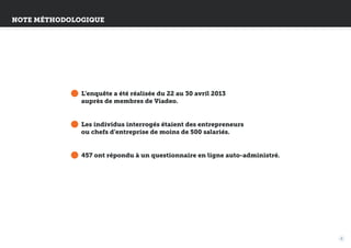 Note méthodologique

L’enquête a été réalisée du 22 au 30 avril 2013
auprès de membres de Viadeo.

Les individus interrogés étaient des entrepreneurs
ou chefs d’entreprise de moins de 500 salariés.

457 ont répondu à un questionnaire en ligne auto-administré.

4

 