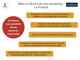 Mise en Œuvre du mix marketing :
Le Produit
Excellence
Inaccessibilité
Rareté
Sensoriel
Immortalité
Stratégie de communication complexe adressant la
clientèle Luxe toutes générations confondues
Expérience Client Ultra-élaborée allant bien
au-delà de la simple prestation d’hébergement
Création d’offres de micro-hôtelleries très inaccessibles
Innovation sur les thématiques dites de « Luxe » avec une
recherche de l’authenticité et d’un retour au naturel
Création d’offres « nouvelles générations » très orientées
expériences high tech, voire « space adventure »
70
 
