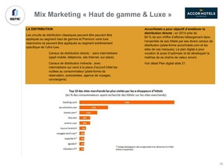 Mix Marketing « Haut de gamme & Luxe »
LA DISTRIBUTION
Les circuits de distribution classiques peuvent être peuvent être
appliqués au segment haut de gamme et Premium voire luxe
néanmoins ne peuvent être appliqués au segment extrêmement
spécifique de l’ultra luxe.
Canaux de distribution directs : sans intermédiaire
(appli mobile, téléphone, site Internet, sur place)
Canaux de distribution indirecte : avec
intermédiaire qui vend à la place d’accord hôtel les
nuitées au consommateur (plate-forme de
réservation, autocaristes, agence de voyages,
conciergerie)
AccorHotels a pour objectif d’améliorer la
distribution directe : en 2014 près de
60 % de son chiffre d’affaires hébergement dans
l’ensemble de ses hôtels par ses divers canaux de
distribution (plate-forme accorhotels.com et les
sites de ces marques). Le plan digital a pour
vocation là aussi d’optimiser et de développer la
maîtrise de sa chaîne de valeur amont.
Voir détail Plan digital slide 21
20
 