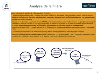 Analyse de la filière
Accor maîtrise toute la chaîne de valeur du métier d’hôtelier :
• S’informer en parcourant le portail Accorhotels.com et sites des marques. AccorHotels met également en ligne des guides touristiques,
permet la consultation des avis clients directement sur la plateforme et envoie des offres personnalisées par e-mail. Des Newsletters sont
publiées et envoyées aux clients.
• Le système de réservation AccorHotels, dénommé TARS permet la réservation et le paiement des chambres en ligne. La réservation peut
se faire sur le portail de son choix ou sur l’appli unique depuis un ordinateur, une tablette ou un mobile. AccorHotels dispose également
d’accords stratégiques internationaux et de commissions négociées avec les principales agences de voyages en ligne :
booking.com,Expedia, HRS… Il travaille avec plus de 20 000 agences de voyages partenaires qui réservent les chambres d’hôtel via les
GDS.
• AccorHotels propose un service de planification de voyage "My trip planner" permettant au client de préparer son séjour
• Le groupe a repensé l’accueil hôtelier en créant un projet « Welcome by Le Club Accorhotels ». Il vise à transformer l’expérience du client
avant, pendant et après son séjour. L’objectif est de digitaliser toutes les formalités pour libérer du temps
21
 