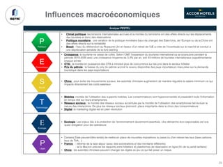 Influences macroéconomiques
Analyse PESTEL
• Climat politique: les tensions internationales accrues et la montée du terrorisme ont des effets directs sur les déplacements
des touristes et donc des réservations
• Politique monétaire: une variation de la politique monétaire (taux de change) des Etats-Unis, de l’Europe ou de la Chine ont
des effets directs sur la rentabilité
• Brexit : l’issu du référendum au Royaume-Uni en faveur d’un retrait de l’UE a crée de l’incertitude sur le marché et conduit à
une dépréciation sensible de la livre sterling
• Croissance: le tourisme ne cesse de coître. Selon l’OMT l’expansion du tourisme international va se poursuivre pendant la
période 2010-2030 avec une croissance moyenne de 3,3% par an, soit 43 millions de touristes internationaux supplémentaires
chaque année
• OTA: la montée en puissance des OTA a introduit plus de concurrence sur les prix dans le secteur hôtelier
• Prix du pétrole : la baisse du prix du pétrole accroit le revenu disponible des pays importateurs mais pése sur la demande
touristique dans les pays exportateurs
• Chine : pour éviter les mouvements sociaux, les autorités chinoises augmentent de manière régulière le salaire minimum ce qui
impacte directement les coûts salariaux
• Mobiles: montée de l’utilisation des supports mobiles. Les consommateurs sont hyperconnectés et possèdent toute l’information
en temps réel sur leurs smartphones
• Réseaux sociaux: la montée des réseaux sociaux accentuée par la montée de l’utilisation des smartphones fait évoluer la
nature des interactions. De plus les réseaux sociaux prennent place importante dans le choix des consommateurs
• Digital: le marketing digital est en plein révolution
• Ecologie: Les enjeux liés à la protection de l’environnement deviennent essentiels. Une démarche éco-responsable est une
quasi obligation pour les opérateurs
• Certains États peuvent être tentés de mettre en place de nouvelles impositions ou taxes ou d’en relever les taux (taxe carbone,
taux de TVA…)
• France : - réforme de la taxe séjour (avec des exonérations et des montants différents)
- la loi Macron précise les rapports entre hôteliers et plateformes de réservation en ligne (fin de la parité tarifaire)
• Chine : les autorités chinoises peuvent changer les règles du jeu ce qui fait peser un risque.
P
Politique
E
Economique
S
Social
T
Technologie
E
Ecologie
P
Légal
25
 