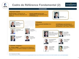 Cadre de Référence Fondamental (2)
ORGANIGRAMME
■ Organisation bicéphale
Direction Groupe : Président-DG, DG
Délégué, RH, Financière, Restauration, DG
HotelInvest
Direction HotelServices par zone
géographique avec DG spécifique France,
et DG Marques Luxe
■ 2 Exceptions
Un N°2 clairement identifiable (Sven
BOINET)
Un DG Marques Luxe transverse qui
chapote toutes les marques du segment en
développement « Luxe » (Chris J. CAHILL)
Voir l’interview de S. Bazin
http://videos.lesechos.fr/lesechos/viva-technology/sebastien-bazin-accorhotels-airbnb-me-donne-envie-de-me-battre-cest-un-stimulant/u3ppqr
■ 1 Originalité « managériale »
Un « Shadow-COMEX » : composé de jeunes dirigeants de
moins de 35 ans, il est destiné à challenger le Comité Exécutif
en place.
6
 