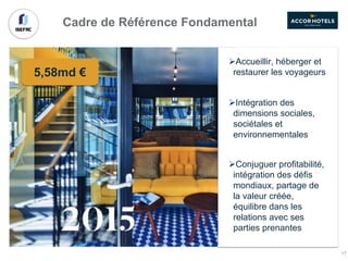 Cadre de Référence Fondamental
5,58md €
ØAccueillir, héberger et
restaurer les voyageurs
ØIntégration des
dimensions sociales,
sociétales et
environnementales
ØConjuguer profitabilité,
intégration des défis
mondiaux, partage de
la valeur créée,
équilibre dans les
relations avec ses
parties prenantes
17
 