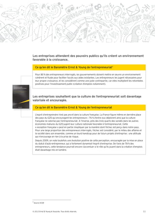 Les entreprises attendent des pouvoirs publics qu’ils créent un environnement
favorable à la croissance.

                                                                                  7



     Pour 80 % des entrepreneurs interrogés, les gouvernements doivent mettre en œuvre un environnement
     cohérent et uide pour faciliter l’accès aux aides existantes. Les entrepreneurs les jugent nécessaires pour
     leur propre croissance, et les considèrent comme une juste contrepartie, car elles multiplient les retombées
     positives pour l’investissement public (création d’emplois notamment).




Les entreprises souhaitent que la culture de l’entrepreneuriat soit davantage
valorisée et encouragée.



     L’esprit d’entreprendre n’est pas ancré dans la culture française. La France gure même en dernière place
     des pays du G20 qui encouragent les entrepreneurs : 76 % d’entre eux déplorent ainsi que la culture
     française ne valorise pas l’entrepreneuriat. A l’inverse, près des trois quarts des sondés dans les autres
     économies matures du G20 jugent leur culture nationale favorable à l’entrepreneuriat. Cette
       exception française peut en partie s’expliquer par la manière dont l’échec est perçu dans notre pays.
     Pour une large proportion des entrepreneurs interrogés, l’échec est considéré, par le milieu des affaires et
     la société dans son ensemble, comme un lourd handicap pour de futurs projets d’entreprise : une attitude
     qui n’encourage en rien à la prise de risque.
     Depuis 2009, on note toutefois une évolution positive de cette perception, encouragée par la mise en place
     du statut d’auto-entrepreneur, qui a fortement dynamisé l’esprit d’entreprise. De l’avis de 78 % des
     entrepreneurs, cette tendance pourrait encore s’accentuer si le rôle qu’ils jouent dans la création d’emplois
     était davantage mis en lumière.




7
    Source OCDE



© 2013 Ernst & Young et Associés. Tous droits réservés.                                                              11
 
