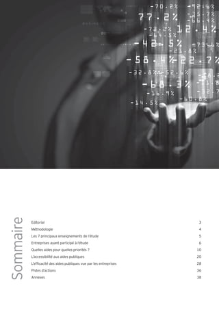 Sommaire




           Editorial                                               3
           Méthodologie                                            4
           Les 7 principaux enseignements de l’étude               5
           Entreprises ayant participé à l’étude                   6
           Quelles aides pour quelles priorités ?                  10
           L’accessibilité aux aides publiques                     20
           L’e cacité des aides publiques ue par les entreprises   2
           Pistes d’actions                                        36
           Annexes                                                 38
 