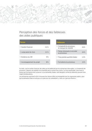 Perception des forces et des faiblesses
des aides publiques

 Forces                                                         Faiblesses

                                                                  Complexité du processus,
    Soutien nancier                                   41 %                                                 30 %
                                                                  le manque de visibilité

                                                                  Temps nécessaire à accorder
    Large panel de choix                              21 %                                                 24 %
                                                                  au processus

    Existence du CIR                                      9%      Trop grande quantité d’aides             13 %


    Accompagnement du projet                              8%      Formalisme du processus                  10 %



Au total, c’est le soutien nancier des aides qui est plébiscité par les entreprises interrogées. La complexité des
processus, l’absence de lisibilité d’un ensemble perçu comme trop confus, ou trop imprévisible, mais aussi le
temps que l’entreprise doit consacrer à ces demandes d’aides, sont désignés comme les éléments pouvant faire
l’objet d’améliorations.
Les entreprises expriment en n à nouveau leur besoin d’être accompagnées par les organismes publics, pour
que la demande d’aide ne soit plus un parcours du combattant , mais un parcours éché .




© 2013 Ernst & Young et Associés. Tous droits réservés.                                                         33
 