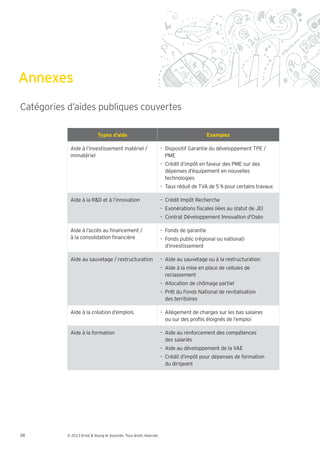 Annexes
Catégories d’aides publiques couvertes

                             Types d’aide                                                  Exemples

            Aide à l’investissement matériel /                       - Dispositif Garantie du développement TPE /
            immatériel                                                 PME
                                                                     - Crédit d’impôt en faveur des PME sur des
                                                                       dépenses d’équipement en nouvelles
                                                                       technologies
                                                                     - Taux réduit de TVA de 5 % pour certains travaux

            Aide à la R&D et à l’innovation                          - Crédit Impôt Recherche
                                                                     - Exonérations scales liées au statut de JEI
                                                                     - Contrat Développement Innovation d’Oséo

            Aide à l’accès au nancement /                            - Fonds de garantie
            à la consolidation nancière                              - Fonds public (régional ou national)
                                                                       d’investissement

            Aide au sauvetage / restructuration                      - Aide au sauvetage ou à la restructuration
                                                                     - Aide à la mise en place de cellules de
                                                                       reclassement
                                                                     - Allocation de chômage partiel
                                                                     - Prêt du Fonds National de revitalisation
                                                                       des territoires

            Aide à la création d’emplois                             - Allègement de charges sur les bas salaires
                                                                       ou sur des pro ls éloignés de l’emploi

            Aide à la formation                                      - Aide au renforcement des compétences
                                                                       des salariés
                                                                     - Aide au développement de la VAE
                                                                     - Crédit d’impôt pour dépenses de formation
                                                                       du dirigeant




38         © 2013 Ernst & Young et Associés. Tous droits réservés.
 