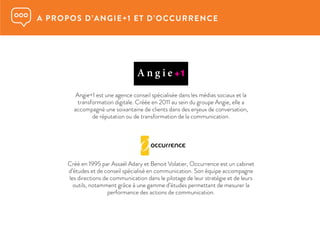A PROPOS D’ANGIE+1 ET D’OCCURRENCE
Créé en 1995 par Assaël Adary et Benoit Volatier, Occurrence est un cabinet
d’études et de conseil spécialisé en communication. Son équipe accompagne
les directions de communication dans le pilotage de leur stratégie et de leurs
outils, notamment grâce à une gamme d’études permettant de mesurer la
performance des actions de communication.
Angie+1 est une agence conseil spécialisée dans les médias sociaux et la
transformation digitale. Créée en 2011 au sein du groupe Angie, elle a
accompagné une soixantaine de clients dans des enjeux de conversation,
de réputation ou de transformation de la communication.
 