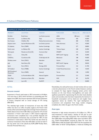 INVESTMENT

A Cushman & Wakefield Research Publication

EXAMPLES OF OFFICE ACQUISITIONS IN 2013
PROPERTY

LOCATION

VENDOR

PURCHASER

Portfolio

île-de-France

Les Docks Lyonnais

ADIA

Adria tower

La Défense (92)

Testa

éco-Campus

Châtillon (92)

Sequana tower

PRICE (€ M)

AREA (SQ. M.)

580 (est.)

111,000

Primonial Reim

450

54,000

Nexity, Interconstruction

Predica

380

72 000

Issy-les-Moulineaux (92)

Les Docks Lyonnais

Hines (Koreans)

315

42,000

33 Lafayette

Paris (75009)

Ivanhoe Cambridge

Deka

277

28,800

Pacific tower

La Défense (92)

Ivanhoe Cambridge

Tishman Speyer

228

52,900

Technopole

Meudon-La-Forêt (92)

Commerz Real

SMABTP

215

54,300

Nuovo

Clichy (92)

Nexity

BNP Cardif / Sogecap

190

35,000

CACIB hq

Courbevoie (92)

Crédit Agricole SA

Blackstone

188

44,000

Mirabeau tower

Paris (75015)

Aberdeen

Gecina

186

30,300

Jade

Saint-Denis (92)

Kanam

BNP Cardif / Sogecap

170

38,500

Spark

Paris (75013)

Emerige, AOG

Primonial Reim

162

21,700

42 Friedland

Paris (75008)

Ivanhoe Cambridge

Crédit Mutuel Assurances

162

10,500

50-52 boulevard
Haussmann

Paris (75009)

Generali

Terreis

138

14,900

Okabé

Le Kremlin-Bicêtre (94)

Altarea-Cogedim

Primonial Reim

121

23,400

River Plaza

Asnières-sur-Seine (92)

Aberdeen

KKR

89

26,700

Anthemis

Lyon (69)

DeAWM

Realis

85

20,000

RETAIL
Amounts invested
Investment in French retail assets in 2013 amounted to €4 billion,
11% more than in 2012, which had been an outstanding year. The
highest since 2007, this amount represents 26% of total investment
in France, compared with an annual average of 17% during
2003-2012.
The relatively high number of transactions of more than €100
million was due to an influx of quality supply to the French retail
market, which attracted foreign funds and large French institutions.
Twelve deals of more than €100 million accounted for 51% of total
investment in French retail assets in 2013. Several single-asset
transactions were completed, but it was portfolio disposals and
sale-and-leaseback transactions that accounted for 40% of total
investment in retail assets in 2013. The market was also driven by
numerous transactions of less than €50 million carried out both in
the city center and in the suburbs by SCPIs (BNP Paribas Reim,
Amundi, Primonial Reim, etc.).

Nonetheless, the solid performance of retail markets did not mask
a two-tier phenomenon in the French market. Investors continue
to compete for large regional shopping centers, prime retail
locations on the most famous thoroughfares, and assets with
significant potential for repositioning. On the other hand, obsolete
assets and secondary sites have been impacted by the downturn in
household consumption and by drawn-out and tougher leasenegotiation tactics by retailers. The rapid development of
e-commerce and competition from large, modern shopping
complexes also widen the gap in the French market.

Asset types
Investment in high streets amounted to €1.6 billion (i.e., 39% of
total investment in retail assets), a decline of 13% year on year
attributable to fewer large transactions. Two transactions larger
than €300 million and totaling €825 million were recorded in 2012
(e.g., 52-60 Champs-Élysées, acquired by Qatar for more than
€500 million), while the largest deal of 2013 was the acquisition for
€260 million of 65-67 Champs-Élysées, a mixed-use building that

13

 