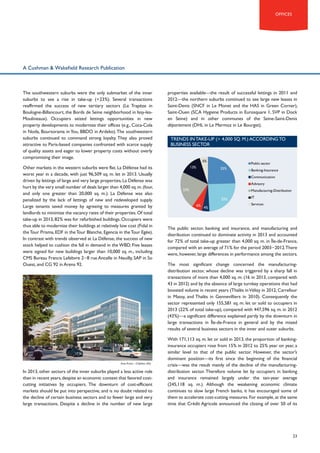offices

A Cushman & Wakefield Research Publication

The southwestern suburbs were the only submarket of the inner
suburbs to see a rise in take-up (+23%). Several transactions
reaffirmed the success of new tertiary sectors (Le Trapèze in
Boulogne-Billancourt, the Bords de Seine neighborhood in Issy-lesMoulineaux). Occupiers seized lettings opportunities in new
property developments to modernize their offices (e.g., Coca-Cola
in Noda, Boursorama in You, BBDO in Ardeko). The southwestern
suburbs continued to command strong loyalty. They also proved
attractive to Paris-based companies confronted with scarce supply
of quality assets and eager to lower property costs without overly
compromising their image.
Other markets in the western suburbs were flat. La Défense had its
worst year in a decade, with just 96,509 sq. m. let in 2013. Usually
driven by lettings of large and very large properties, La Défense was
hurt by the very small number of deals larger than 4,000 sq. m. (four,
and only one greater than 20,000 sq. m.). La Défense was also
penalized by the lack of lettings of new and redeveloped supply.
Large tenants saved money by agreeing to measures granted by
landlords to minimize the vacancy rates of their properties. Of total
take-up in 2013, 82% was for refurbished buildings. Occupiers were
thus able to modernize their buildings at relatively low cost (Fidal in
the Tour Prisma, EDF in the Tour Blanche, Egencia in the Tour Egée).
In contrast with trends observed at La Défense, the success of new
stock helped to cushion the fall in demand in the WBD. Five leases
were signed for new buildings larger than 10,000 sq. m., including
CMS Bureau Francis Lefebvre 2−8 rue Ancelle in Neuilly, SAP in So
Ouest, and CG 92 in Arena 92.

Area Prima – Châtillon (92)

In 2013, other sectors of the inner suburbs played a less active role
than in recent years, despite an economic context that favored costcutting initiatives by occupiers. The downturn of cost-efficient
markets should be put into perspective, and is no doubt related to
the decline of certain business sectors and to fewer large and very
large transactions. Despite a decline in the number of new large

properties available—the result of successful lettings in 2011 and
2012—the northern suburbs continued to see large new leases in
Saint-Denis (SNCF in Le Monet and the HAS in Green Corner),
Saint-Ouen (SCA Hygiene Products in Eurosquare 1, SVP in Dock
en Seine) and in other communes of the Seine-Saint-Denis
département (DHL in Le Mermoz in Le Bourget).
Trends in take-up (> 4,000 sq. m.) according to
business sector
5%
13%

Public sector
25%

Banking-Insurance
Communication
Advisory

22%

Manufacturing-Distribution
25%
6%

4%

IT
Services

The public sector, banking and insurance, and manufacturing and
distribution continued to dominate activity in 2013 and accounted
for 72% of total take-up greater than 4,000 sq. m. in Île-de-France,
compared with an average of 71% for the period 2003−2012.There
were, however, large differences in performance among the sectors.
The most significant change concerned the manufacturingdistribution sector, whose decline was triggered by a sharp fall in
transactions of more than 4,000 sq. m. (16 in 2013, compared with
43 in 2012) and by the absence of large turnkey operations that had
boosted volume in recent years (Thalès in Vélizy in 2012, Carrefour
in Massy, and Thalès in Gennevilliers in 2010). Consequently the
sector represented only 155,581 sq. m. let or sold to occupiers in
2013 (22% of total take-up), compared with 447,596 sq. m. in 2012
(43%)—a significant difference explained partly by the downturn in
large transactions in Île-de-France in general and by the mixed
results of several business sectors in the inner and outer suburbs.
With 171,113 sq. m. let or sold in 2013, the proportion of bankinginsurance occupiers rose from 15% in 2012 to 25% year on year, a
similar level to that of the public sector. However, the sector’s
dominant position—its first since the beginning of the financial
crisis—was the result mainly of the decline of the manufacturingdistribution sector. Therefore volume let by occupiers in banking
and insurance remained largely under the ten-year average
(245,118 sq. m.). Although the weakening economic climate
continues to slow large French banks, it has encouraged some of
them to accelerate cost-cutting measures. For example, at the same
time that Crédit Agricole announced the closing of over 50 of its

23

 