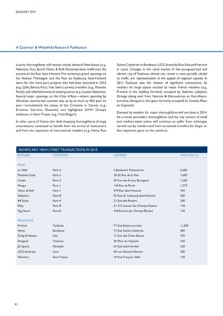 January 2014

A Cushman & Wakefield Research Publication

Luxury thoroughfares still receive steady demand. New leases (e.g.,
Valentino, Tory Burch, Viktor & Rolf, Peuterey) have reaffirmed the
success of the Rue Saint-Honoré.The numerous grand openings on
the Avenue Montaigne and the Rue du Faubourg Saint-Honoré
were, for the most part, projects that had been launched in 2012
(e.g., Qela, Berluti, Pucci,Yves Saint-Laurent), transfers (e.g., Moncler,
Fendi), and refurbishments of existing stores (e.g., Loewe,Valentino).
Several major openings on the Côte d’Azur—where spending by
Ukrainian tourists last summer was up by as much as 46% year on
year—consolidated the status of the Croisette in Cannes (e.g.,
Ermanno Scervino, Chaumet) and highlighted LVMH Group’s
ambitions in Saint-Tropez (e.g., Fred, Bulgari).
In other parts of France, the chief shopping thoroughfares of large
conurbations continued to benefit from the arrival of newcomers
and from the expansion of international retailers (e.g., Hema, Rue

Sainte-Catherine in Bordeaux, UGG Australia, Rue Edouard Herriot
in Lyon). Changes in the retail market of the young-spirited and
vibrant city of Toulouse, whose city center is now partially closed
to traffic, are representative of the appeal of regional capitals. In
2013 Toulouse was the theater of significant transactions by
retailers for large spaces vacated by major French retailers (e.g.,
Primark in the building formerly occupied by Galeries Lafayette,
Orange taking over from Natures & Découvertes on Rue AlsaceLorraine, Desigual in the space formerly occupied by Castela, Place
du Capitole).
Demand by retailers for major thoroughfares will not slow in 2014.
As a result, secondary thoroughfares and the city centers of small
and medium-sized towns will continue to suffer from arbitrages
carried out by retailers and from occasional transfers for larger or
less expensive space on the outskirts.

Significant high-street transactions in 2013
Retailer

Location

Address

Area (sq. m.)

La Halle

Paris 2

5 Boulevard Montmartre

2,500

Massimo Dutti

Paris 2

18-20 Rue de la Paix

1,690

Uniqlo

Paris 4

39 Rue des Francs Bourgeois

1,560

Mango

Paris 1

146 Rue de Rivoli

1,274

Viktor & Rolf

Paris 1

370 Rue Saint-Honoré

590

Valentino

Paris 8

92 Rue du Faubourg Saint-Honoré

500

All Saints

Paris 4

23 Rue des Rosiers

300

Maje

Paris 8

31-311 Avenue des Champs-élysées

150

Tag Heuer

Paris 8

104 Avenue des Champs-élysées

125

Primark

Toulouse

77 Rue Alsace-Lorraine

11,000

Hema

Bordeaux

73 Rue Sainte-Catherine

400

Zadig & Voltaire

Lille

13 Rue des Chats-Bossus

370

Desigual

Toulouse

20 Place du Capitole

320

JD Sports

Marseille

29 Rue Saint-Ferréol

240

UGG Australia

Lyon

38 rue Edouard Herriot

200

Valentino

Saint-Tropez

10 Rue François Sibilli

130

PARIS

provinceS

42

 
