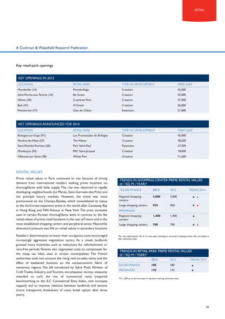 retail

A Cushman & Wakefield Research Publication

Key retail-park openings
KEY OPENINGS IN 2013
LOCATION

RETAIL PARK

TYPE OF DEVELOPMENT

AREA SQM

Mondeville (14)

Mondevillage

Creation

42,000

Saint-Parres-aux-Tertres (10)

Be Green

Creation

35,000

Nîmes (30)

Costières Park

Creation

27,000

Boé (47)

O’Green

Creation

26,000

Montévrain (77)

Clos du Chêne

Extension

21,000

KEY OPENINGS ANNOUNCED FOR 2014
LOCATION

RETAIL PARK

TYPE OF DEVELOPMENT

AREA SQM

Brétigny-sur-Orge (91)

Les Promenades de Brétigny

Creation

45,000

Moulins-lès-Metz (57)

The Waves

Creation

38,500

Saint-Paul-lès-Romans (26)

Parc Saint-Paul

Extension

27,500

Montluçon (03)

PAC Saint-Jacques

Creation

18,000

Villennes-sur Seine (78)

White Parc

Creation

11,600

RENTAL VALUES
Prime rental values in Paris continued to rise because of strong
demand from international retailers seeking prime locations on
thoroughfares with little supply. This rise was observed in rapidly
developing neighborhoods (Le Marais, Saint-Germain-des-Près) and
the principal luxury markets. However, the trend was most
pronounced on the Champs-Elysées, which consolidated its status
as the third-most-expensive street in the world, after Causeway Bay
in Hong Kong and Fifth Avenue in New York. The price increases
seen in certain Parisian thoroughfares were in contrast to the flat
rental values of prime retail locations in the rest of France and in the
most established shopping centers and peripheral zones. Meanwhile
downward pressure was felt on rental values in secondary locations
Retailers’ determination to lower their occupancy costs encouraged
increasingly aggressive negotiation tactics. As a result, landlords
granted more incentives, such as reductions for refurbishment or
rent-free periods. Tenants also negotiated costs to compensate for
the steep tax hikes seen in certain municipalities. The French
authorities took into account the rising rent-to-sales ratios and the
effect of weakened business on the socioeconomic fabric of
numerous regions. The bill introduced by Sylvia Pinel, Minister of
Craft Trades, Industry, and Tourism, encompasses various measures
intended to curb the rise of commercial rents (required
benchmarking to the ILC Commercial Rent Index, rent increases
capped) and to improve relations between landlords and tenants
(more transparent breakdown of costs, break option after three
years).

Trends in shopping-center prime rental values
(€ / sq. m. / year)*
ÎLE-DE-FRANCE

2013

2012

Regional shopping
centers

2,000

2,000

Large shopping centers

950

950

Regional shopping
centers

1,400

1,400

Large shopping centers

700

700

Trend 2014

PROVINCES

*For very well-situated 150 m² of retail space (clothing or services) in existing centers that are leaders in
their catchment areas.

Trends in retail-park prime rental values
(€ / sq. m. / year)*
2013

2012

ÎLE-DE-FRANCE

180

180

PROVINCES

170

170

Trend 2014

*For 1,000 sq. m. and new space in top slots in strong catchment areas.

49

 