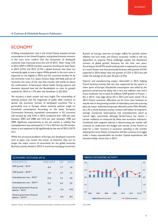 eCONOMy

A Cushman & Wakefield Research Publication

eConomy
A falling unemployment rate in the United States, buoyant private
consumption in the United Kingdom, and gradual business recovery
in the euro zone confirm that the economies of developed
countries have improved since the end of 2012. After rising 1.2%
in 2013, GDP in OECD member countries should grow even faster
in 2014 (2.3%) and 2015 (2.7%), a global forecast that does not
necessarily apply to every region. While growth in the euro zone is
expected to rise slightly in 2014, and the countries hardest hit by
the economic crisis (i.e., Spain, Greece, Italy) will likely pull out of
recession, the story of the next few months will mainly be about
the confirmation of Germany’s robust health. Strong exports and
domestic demand have led the Bundesbank to raise its growth
outlook for 2014 to 1.7%, after the slowdown in Q3 2013.
Yet recovery is both uneven and very fragile. The vulnerability of
banking systems and the magnitude of public debt continue to
darken the economic horizon of developed countries. This is
particularly true in Europe, where austerity policies weigh on
household consumption. According to the latest European
Commission forecasts, household consumption in EU countries
will increase by only 0.9% in 2014, compared with 1.8% per year
between 2003 and 2008 and 2.5% per year between 1998 and
2003. Significant improvement in the job market is unlikely. The
unemployment rate, estimated at 11.1% in 2013 for the 28 member
states, is not expected to fall significantly by the end of 2015 (10.7%
est.).
While the structural problems of Europe and developed countries
such as Japan may remain the center of attention, they are no
longer the major source of uncertainty for the global economy.
Business activity slowed in 2013 in numerous emerging economies:

Exports and manufacturing output rebounded in 2013, helping
French business activity that was also supported by the upturn in
other parts of Europe. Household consumption was aided by the
generous social-security safety net, a very low inflation rate, and a
more moderate rise in taxes. In addition, GDP growth in France—
flat in 2012—may edge above 0% in 2013 and reach nearly 1% in
2014. French economic difficulties are far from over, however, as
may be seen in the growing number of redundancy and restructuring
plans by major multinational groups (Alcatel-Lucent, PSA, Michelin,
etc.). As a result, business activity remains well below its long-term
average. Corporate bankruptcies and unemployment stand at
record highs nationwide, although Île-de-France has shown a
certain resilience as measured by these two economic indicators.
Combined with stagnant salaries, a deteriorating job market will
continue to undermine the budget and morale of the French as
hope for a clear recovery in consumer spending in the months
ahead grows more distant. Companies will also continue to struggle
under a heavy, unpredictable tax burden. Capital expenditure will
therefore likely remain low in 2014.

French economic activity

Economic outlook (in %)
Indicator (%)

Russia’s oil and gas reserves no longer suffice for growth, severe
inflation has hurt India, and China’s economic model is still too
dependent on exports. These challenges explain the downward
revision of global growth forecasts for the next two years.
According to the WTO, world trade growth is expected to increase
at a much slower rate than previously forecast, with growth of 4.5%
expected in 2014, better than the growth of 2.5% in 2013 but still
under the average of the past 20 years (5.4%).

EURO ZONE

USA

JAPAN

-0.4

1.7

1.8

GDP growth – 2014**

1.0

2.9

1.5

Unemployment rate – 2013*

12.0

7.5

4.0

Unemployment rate – 2014**

12.1

6.9

3.9

General government financial
balance – 2013*

-2.9

- 6.5

-10.0

GDP growth – 2013*

General government financial
balance – 2014**

-2.5

-5.8

5,0
5,0

5,0

2,5
2,5

2,5

0,0
0,0

0,0

-2,5
-2,5

-2,5

-5,0
-5,0
2002
2002

-8.5

*Estimated **Forecast - Source: OECD (the general government financial balance is calculated as a percent of nominal GDP)

5,0

2,5

0,0

-2,5

2004
2004

2006
2006

2008

2008

GDP growth (annual %)
Croissance du PIB (annuelle %)

2010

2010

2012

2012

-5,0
-5,0
2014 f

2014 P

Inflation (annual %,)

Inflation (annuellle %)

Source: INSEE

5

 