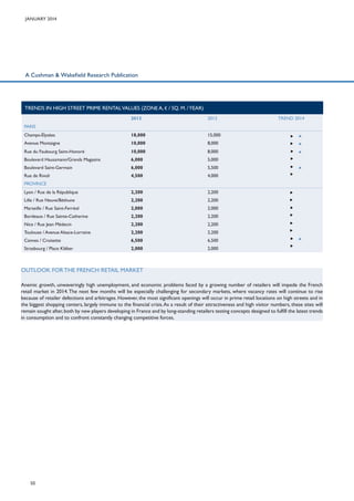 January 2014

A Cushman & Wakefield Research Publication

trends in high street prime rental values (Zone A, € / sq. m. / year)
2013

2012

Champs-élysées

18,000

15,000

Avenue Montaigne

10,000

8,000

Rue du Faubourg Saint-Honoré

10,000

8,000

Boulevard Haussmann/Grands Magasins

6,000

5,000

Boulevard Saint-Germain

6,000

5,500

Rue de Rivoli

4,500

4,000

Lyon / Rue de la République

2,200

2,200

Lille / Rue Neuve/Béthune

2,200

2,200

Marseille / Rue Saint-Ferréol

2,000

2,000

Bordeaux / Rue Sainte-Catherine

2,200

2,200

Nice / Rue Jean Médecin

2,200

2,200

Toulouse / Avenue Alsace-Lorraine

2,200

2,200

Cannes / Croisette

6,500

6,500

Strasbourg / Place Kléber

2,000

2,000

Trend 2014

PARIS

PROVINCE

OUTLOOK FOR THE FRENCH RETAIL MARKET
Anemic growth, unwaveringly high unemployment, and economic problems faced by a growing number of retailers will impede the French
retail market in 2014. The next few months will be especially challenging for secondary markets, where vacancy rates will continue to rise
because of retailer defections and arbitrages. However, the most significant openings will occur in prime retail locations on high streets and in
the biggest shopping centers, largely immune to the financial crisis. As a result of their attractiveness and high visitor numbers, these sites will
remain sought after, both by new players developing in France and by long-standing retailers testing concepts designed to fulfill the latest trends
in consumption and to confront constantly changing competitive forces.

50

 