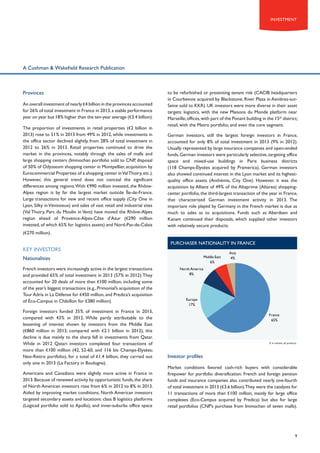 INVESTMENT

A Cushman & Wakefield Research Publication

Provinces
An overall investment of nearly €4 billion in the provinces accounted
for 26% of total investment in France in 2013, a stable performance
year on year but 18% higher than the ten-year average (€3.4 billion).
The proportion of investments in retail properties (€2 billion in
2013) rose to 51% in 2013 from 49% in 2012, while investments in
the office sector declined slightly, from 28% of total investment in
2012 to 26% in 2013. Retail properties continued to drive the
market in the provinces, notably through the sales of malls and
large shopping centers (Immochan portfolio sold to CNP, disposal
of 50% of Odysseum shopping center in Montpellier, acquisition by
Eurocommercial Properties of a shopping center in Val Thoiry, etc.).
However, this general trend does not conceal the significant
differences among regions. With €990 million invested, the RhôneAlpes region is by far the largest market outside Île-de-France.
Large transactions for new and recent office supply (City One in
Lyon, Silky in Vénissieux) and sales of vast retail and industrial sites
(Val Thoiry, Parc du Moulin in Vent) have moved the Rhône-Alpes
region ahead of Provence-Alpes-Côte d’Azur (€290 million
invested, of which 65% for logistics assets) and Nord-Pas-de-Calais

to be refurbished or presenting tenant risk (CACIB headquarters
in Courbevoie acquired by Blackstone, River Plaza in Asnières-surSeine sold to KKR). UK investors were more diverse in their asset
targets: logistics, with the new Maisons du Monde platform near
Marseille; offices, with part of the Ponant building in the 15th district;
retail, with the Metro portfolio; and even the core segment.
German investors, still the largest foreign investors in France,
accounted for only 8% of total investment in 2013 (9% in 2012).
Usually represented by large insurance companies and open-ended
funds, German investors were particularly selective, targeting office
space and mixed-use buildings in Paris business districts
(118 Champs-Élysées acquired by Pramerica). German investors
also showed continued interest in the Lyon market and its highestquality office assets (Anthémis, City One). However, it was the
acquisition by Allianz of 49% of the Altaprime (Altarea) shoppingcenter portfolio, the third-largest transaction of the year in France,
that characterized German investment activity in 2013. The
important role played by Germany in the French market is due as
much to sales as to acquisitions. Funds such as Aberdeen and
Kanam continued their disposals, which supplied other investors
with relatively secure products.

(€270 million).
PURCHASER NATIONALITY in france

KEY INVESTORS
Middle East
6%

Nationalities
French investors were increasingly active in the largest transactions
and provided 65% of total investment in 2013 (57% in 2012). They
accounted for 20 deals of more than €100 million, including some
of the year’s biggest transactions (e.g., Primonial’s acquisition of the
Tour Adria in La Défense for €450 million, and Predica’s acquisition
of éco-Campus in Châtillon for €380 million).
Foreign investors funded 35% of investment in France in 2013,
compared with 43% in 2012. While partly attributable to the
lessening of interest shown by investors from the Middle East
(€860 million in 2013, compared with €2.1 billion in 2012), this
decline is due mainly to the sharp fall in investments from Qatar.
While in 2012 Qatari investors completed four transactions of
more than €100 million (42, 52-60, and 116 bis Champs-Elysées;
Neo-Retiro portfolio), for a total of €1.4 billion, they carried out
only one in 2013 (La Factory in Boulogne).
Americans and Canadians were slightly more active in France in
2013. Because of renewed activity by opportunistic funds, the share
of North American investors rose from 6% in 2012 to 8% in 2013.
Aided by improving market conditions, North American investors
targeted secondary assets and locations: class B logistics platforms
(Logicad portfolio sold to Apollo), and inner-suburbs office space

Asia
4%

North America
8%

Europe
17%
France
65%

% in volume, all products

Investor profiles
Market conditions favored cash-rich buyers with considerable
firepower for portfolio diversification. French and foreign pension
funds and insurance companies also contributed nearly one-fourth
of total investment in 2013 (€3.6 billion).They were the catalysts for
11 transactions of more than €100 million, mainly for large office
complexes (Eco-Campus acquired by Predica) but also for large
retail portfolios (CNP’s purchase from Immochan of seven malls).

9

 